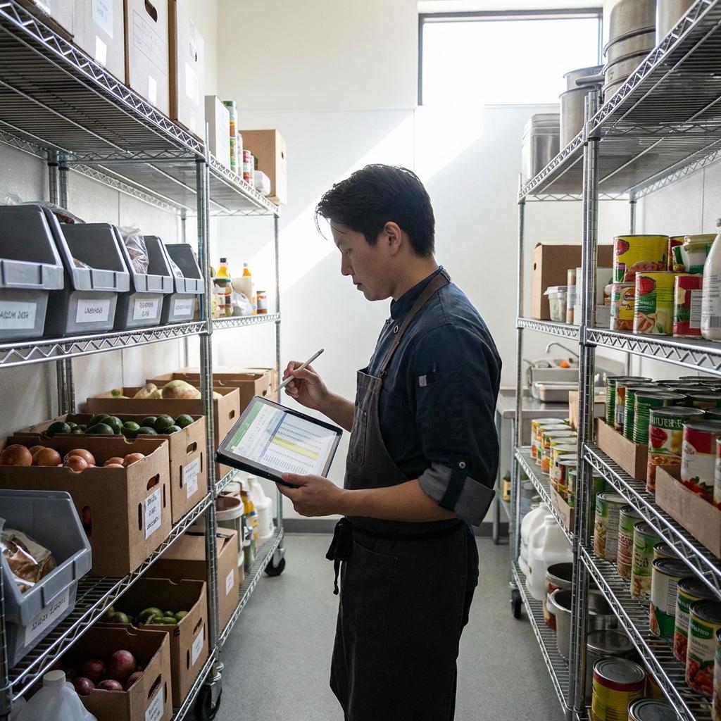 Staff member tracking inventory on tablet
